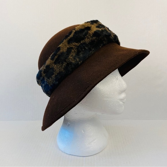 𝅺PRINCIPLES wool hat velvety leopard print band brown 100% wool hat - Picture 3 of 8